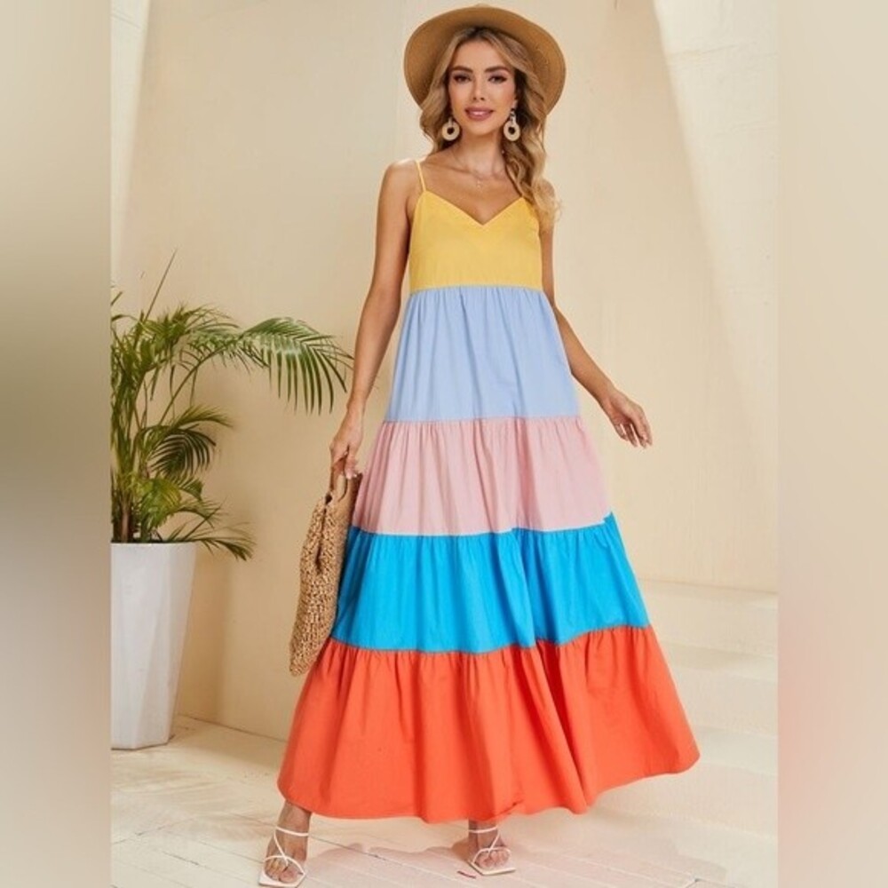 Colorblock Ruffle Hem Cami Maxi Dress Cotton Sz Small Bright Colorful